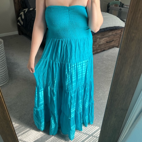 Blue Strapless Ruffle Maxi Dress - Picture 2 of 6